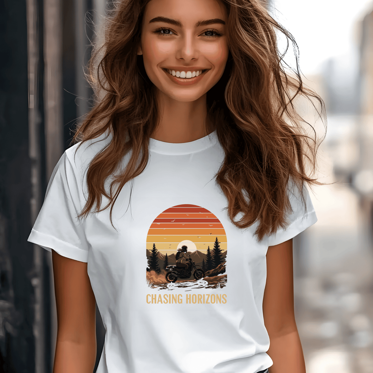 Chasing Horizons Women’s Biker T-Shirt – Heavyweight Gildan® 5000 Crewneck