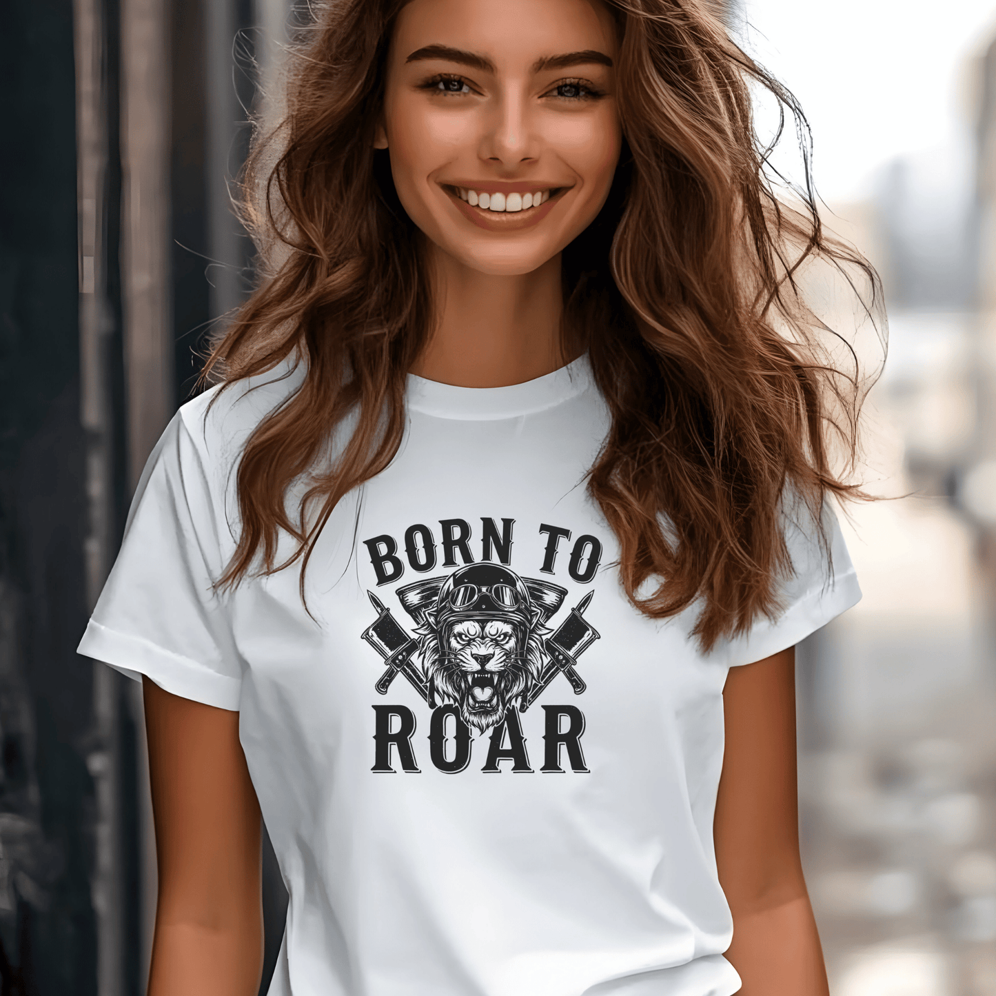 Born To Roar Women’s Biker T-Shirt – Heavyweight Gildan® 5000 Crewneck