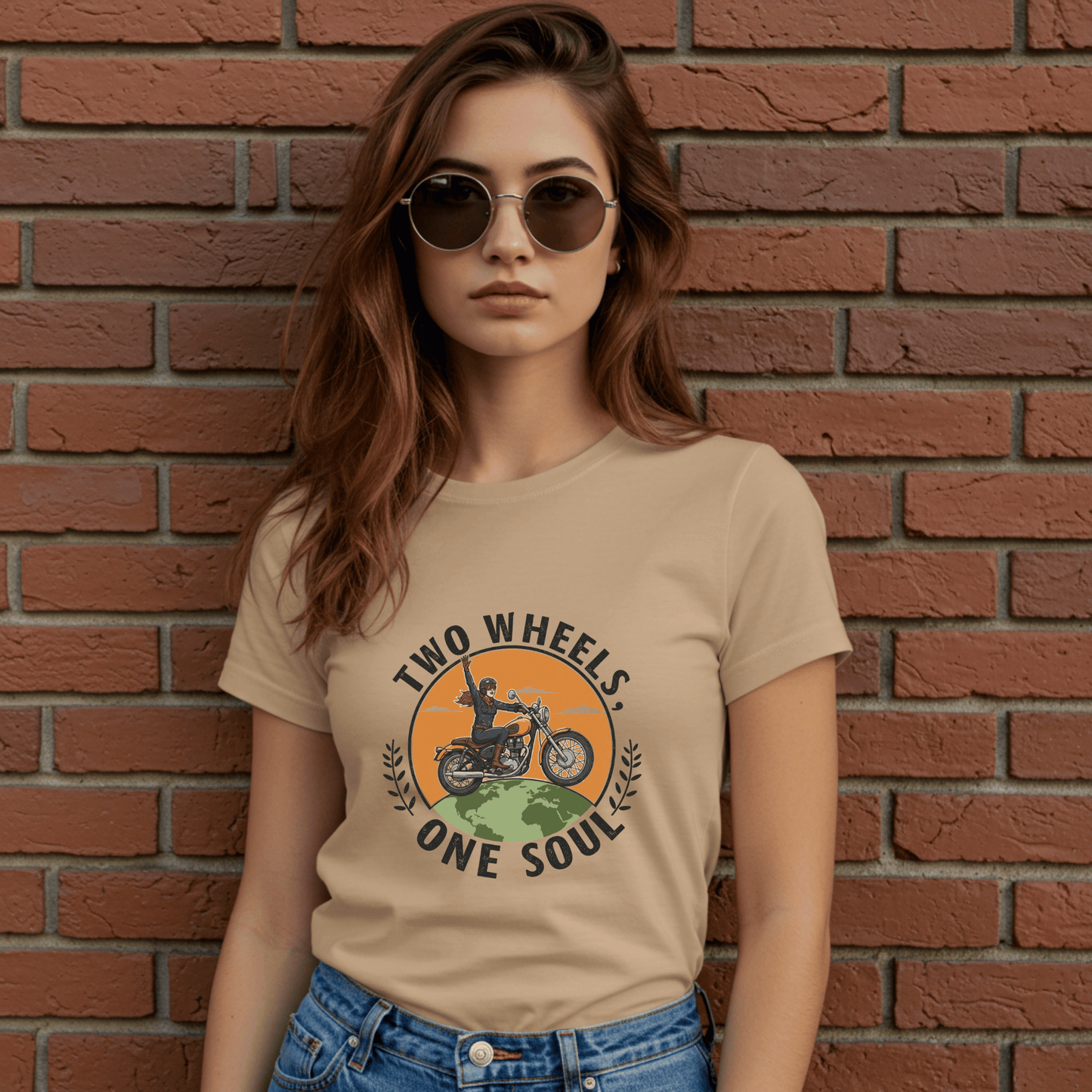 Two Wheels One Soul Women’s Biker T-Shirt – Heavyweight Gildan® 5000 Crewneck