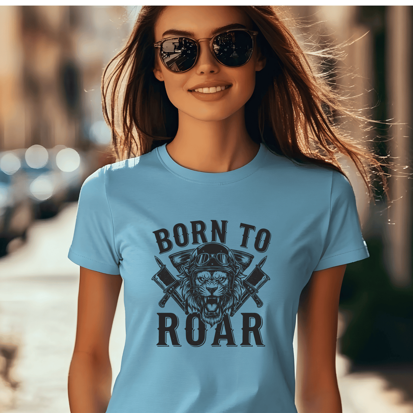 Born To Roar Women’s Biker T-Shirt – Heavyweight Gildan® 5000 Crewneck