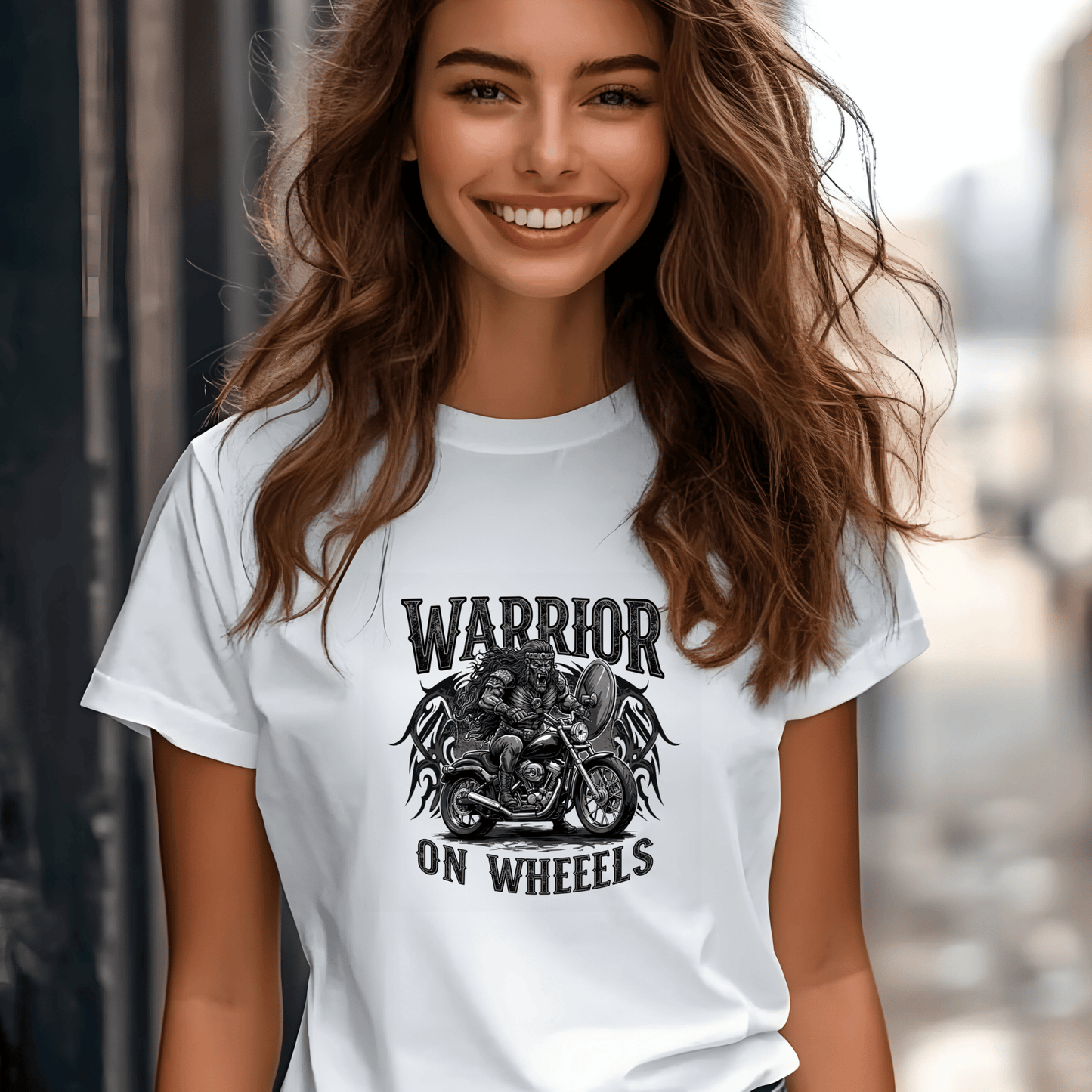 Warrior on Wheels Women’s Biker T-Shirt – Heavyweight Gildan® 5000 Crewneck