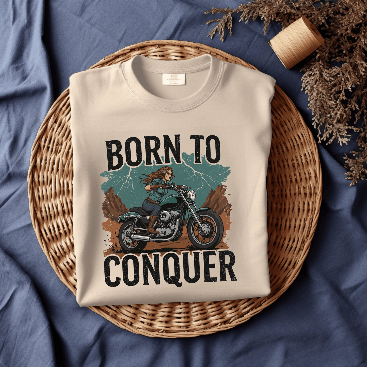 Born to Conquer Women’s Biker T-Shirt – Heavyweight Gildan® 5000 Crewneck