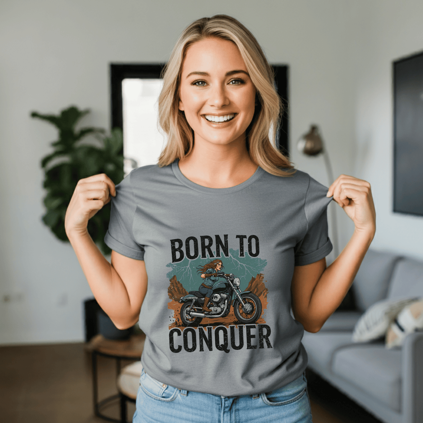 Born to Conquer Women’s Biker T-Shirt – Heavyweight Gildan® 5000 Crewneck
