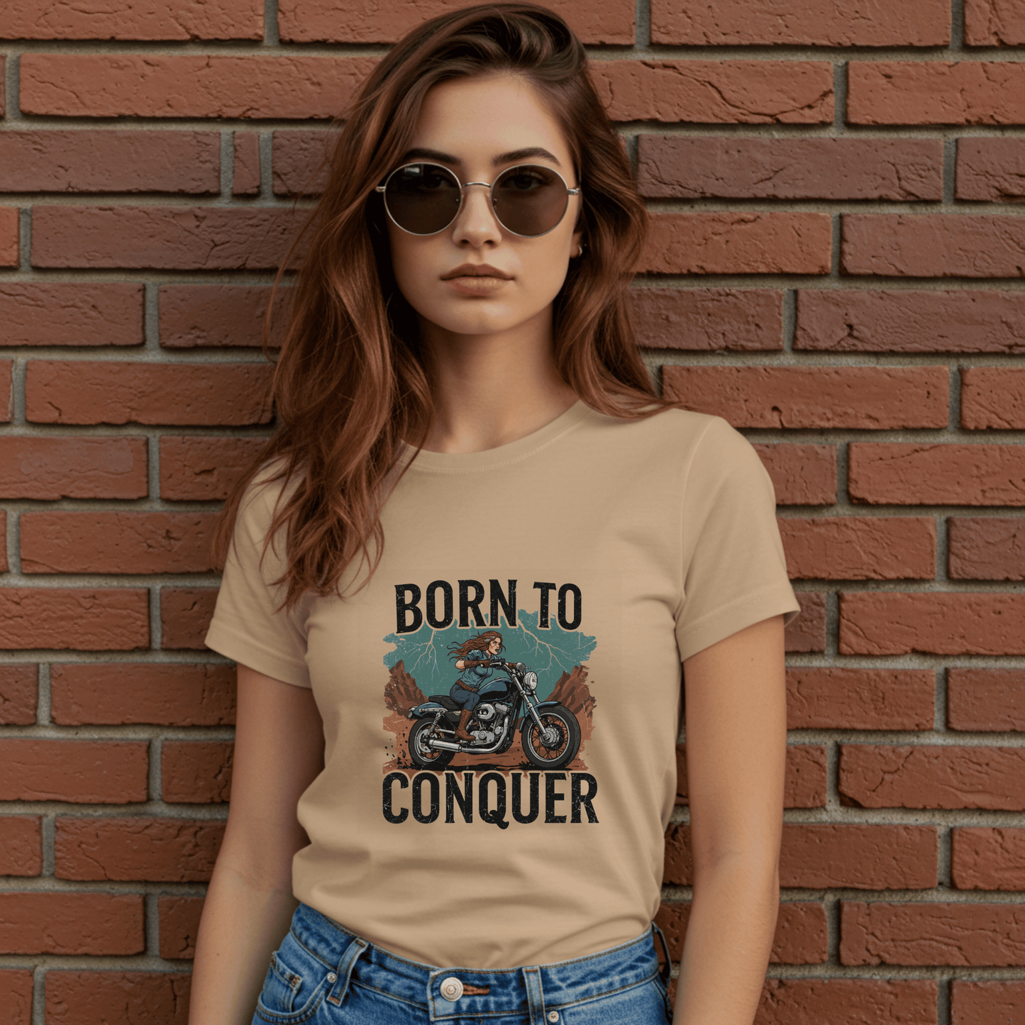 Born to Conquer Women’s Biker T-Shirt – Heavyweight Gildan® 5000 Crewneck