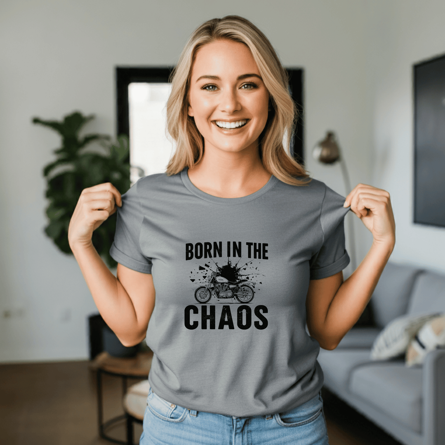 Born in the Chaos Women’s Biker T-Shirt – Heavyweight Gildan® 5000 Crewneck