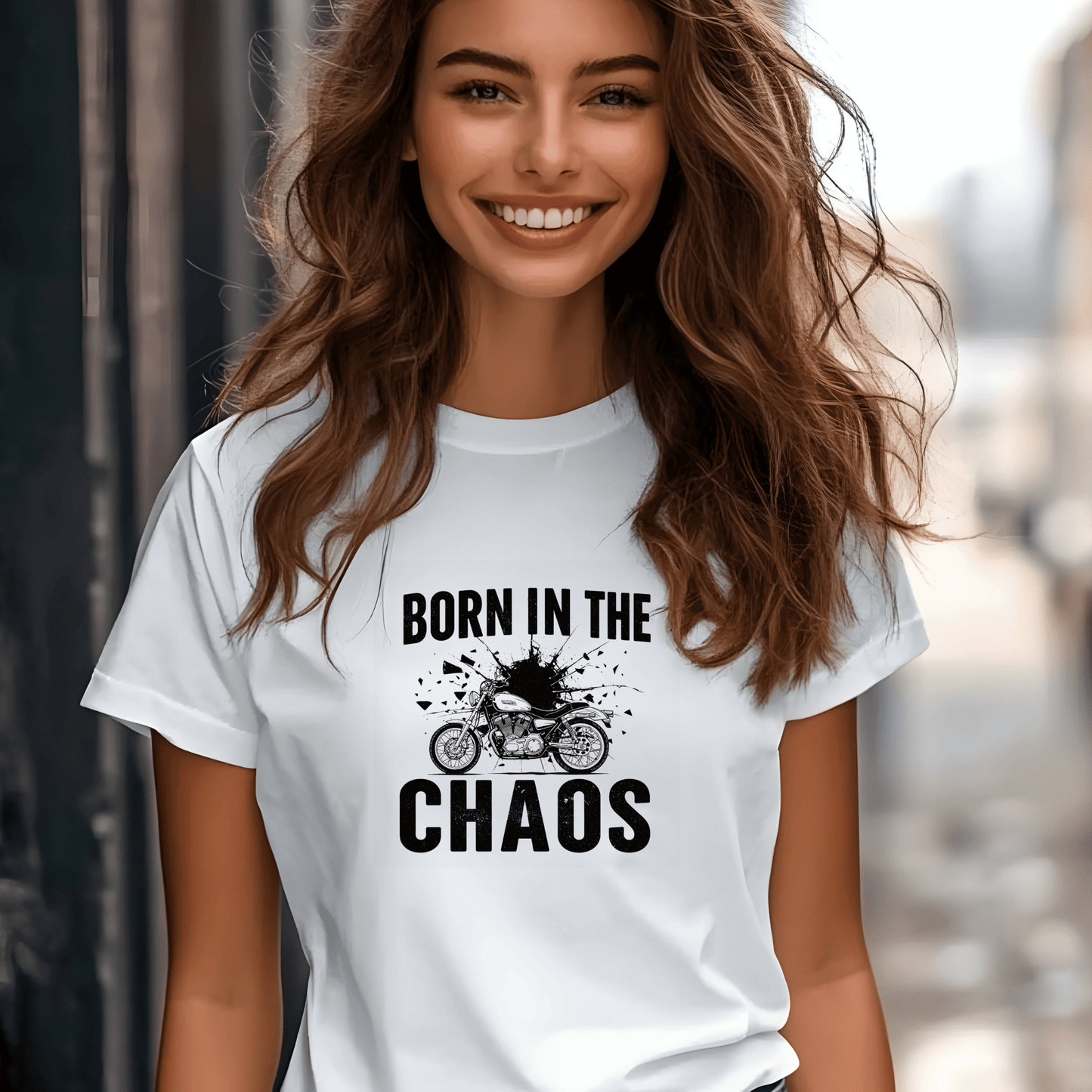 Born in the Chaos Women’s Biker T-Shirt – Heavyweight Gildan® 5000 Crewneck