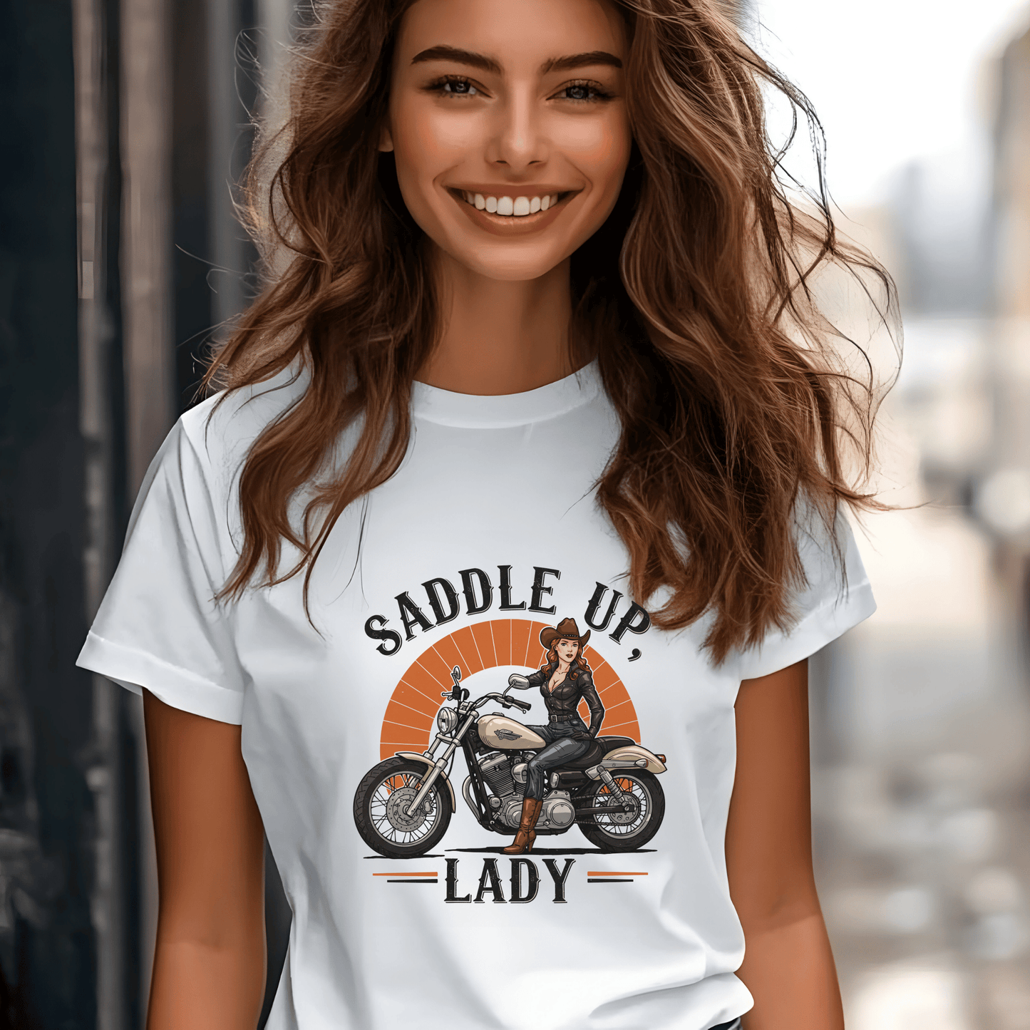 Saddle Up, Lady Women’s Biker T-Shirt – Heavyweight Gildan® 5000 Crewneck