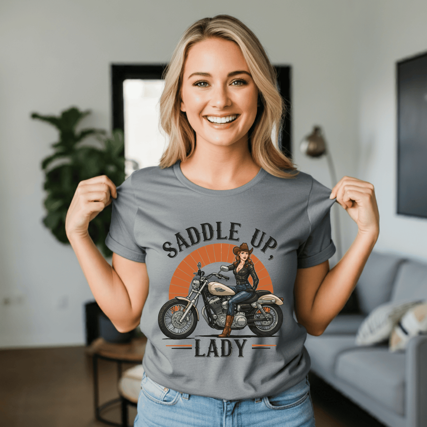 Saddle Up, Lady Women’s Biker T-Shirt – Heavyweight Gildan® 5000 Crewneck