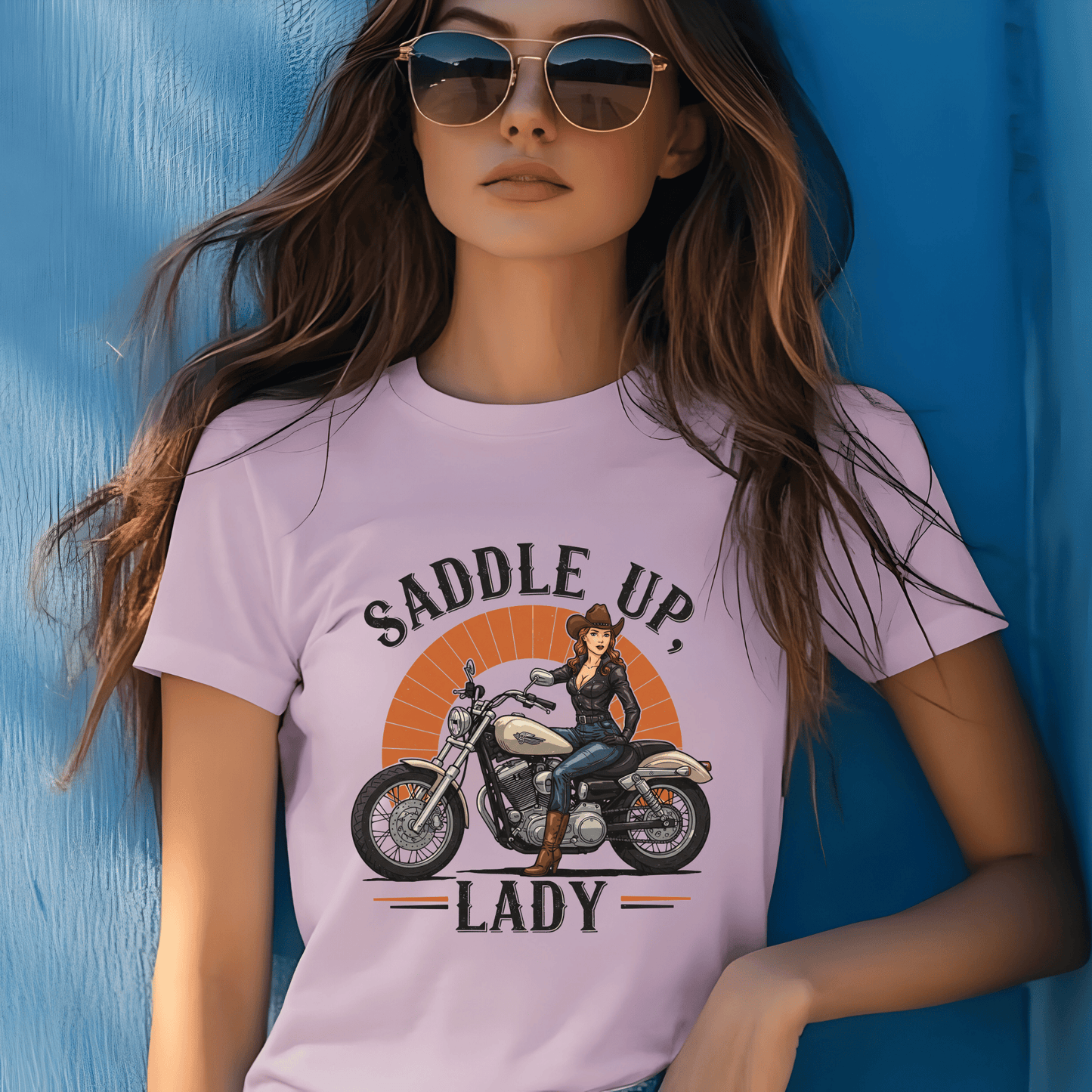 Saddle Up, Lady Women’s Biker T-Shirt – Heavyweight Gildan® 5000 Crewneck