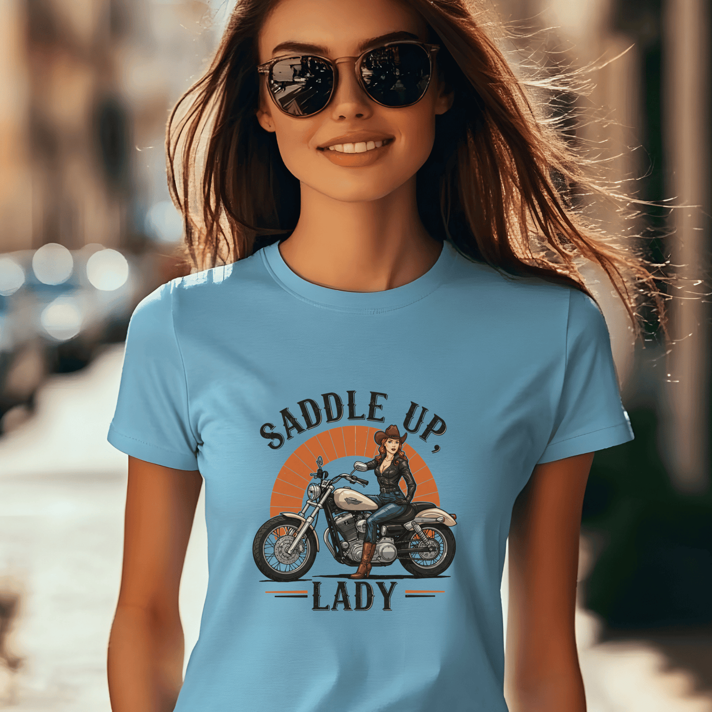 Saddle Up, Lady Women’s Biker T-Shirt – Heavyweight Gildan® 5000 Crewneck