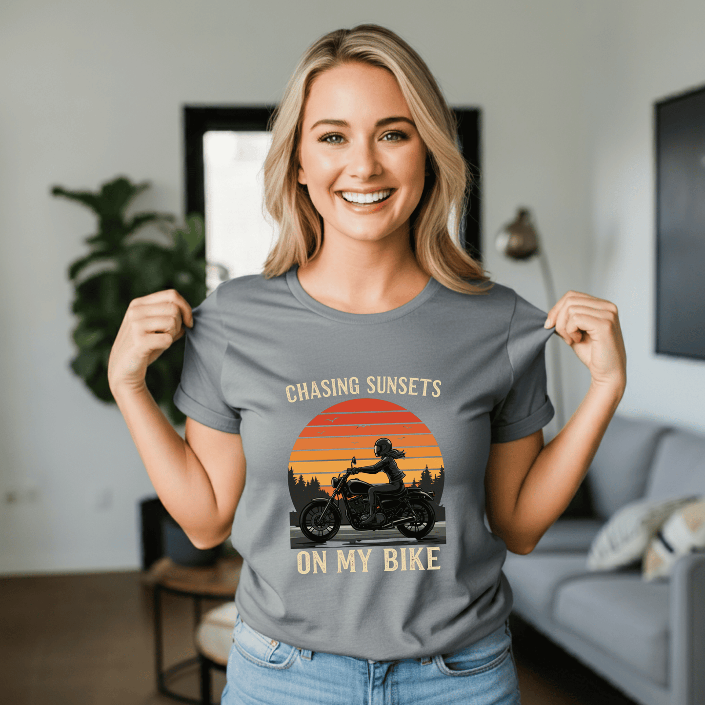 Chasing Sunsets On My Bike Women’s Biker T-Shirt – Heavyweight Gildan® 5000