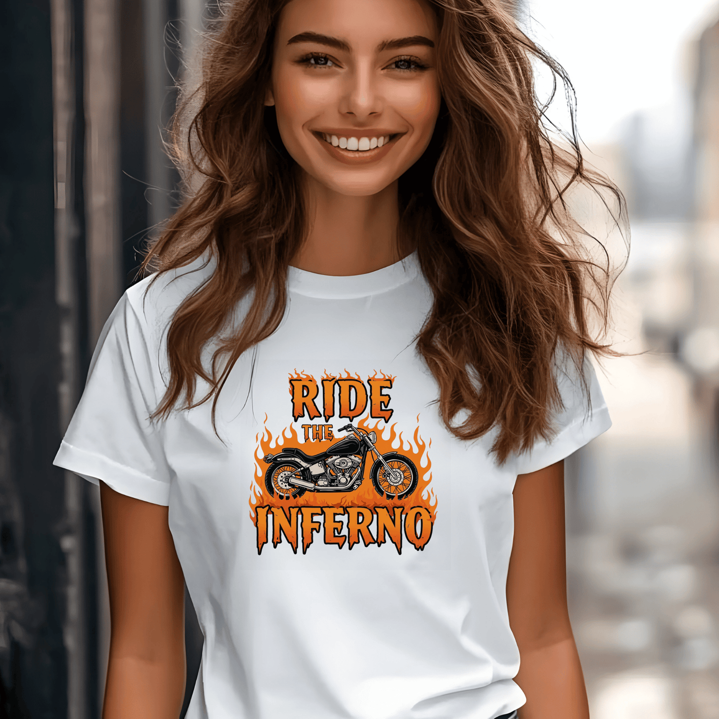 Ride the Inferno Women’s Biker T-Shirt – Heavyweight Gildan® 5000 Crewneck
