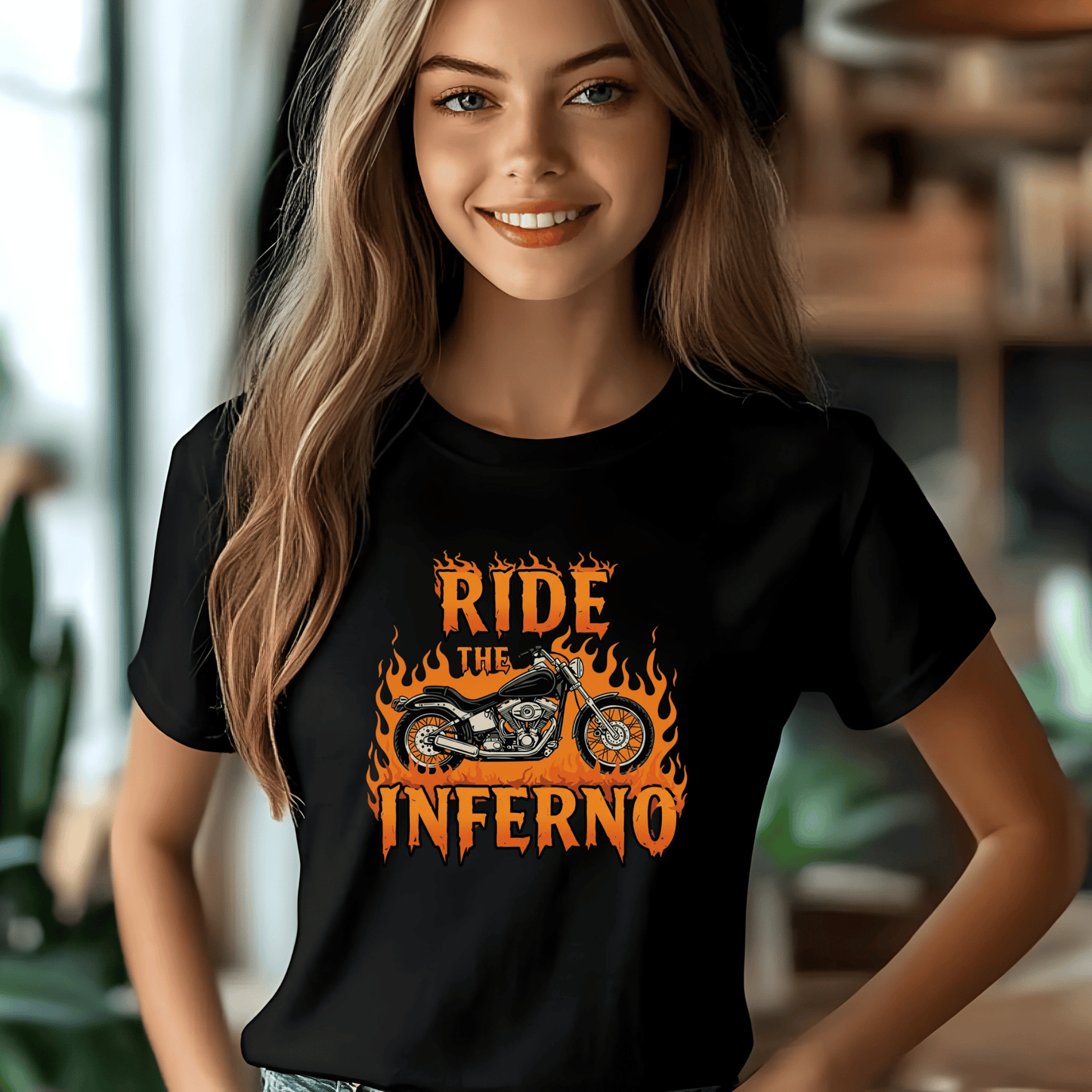 Ride the Inferno Women’s Biker T-Shirt – Heavyweight Gildan® 5000 Crewneck