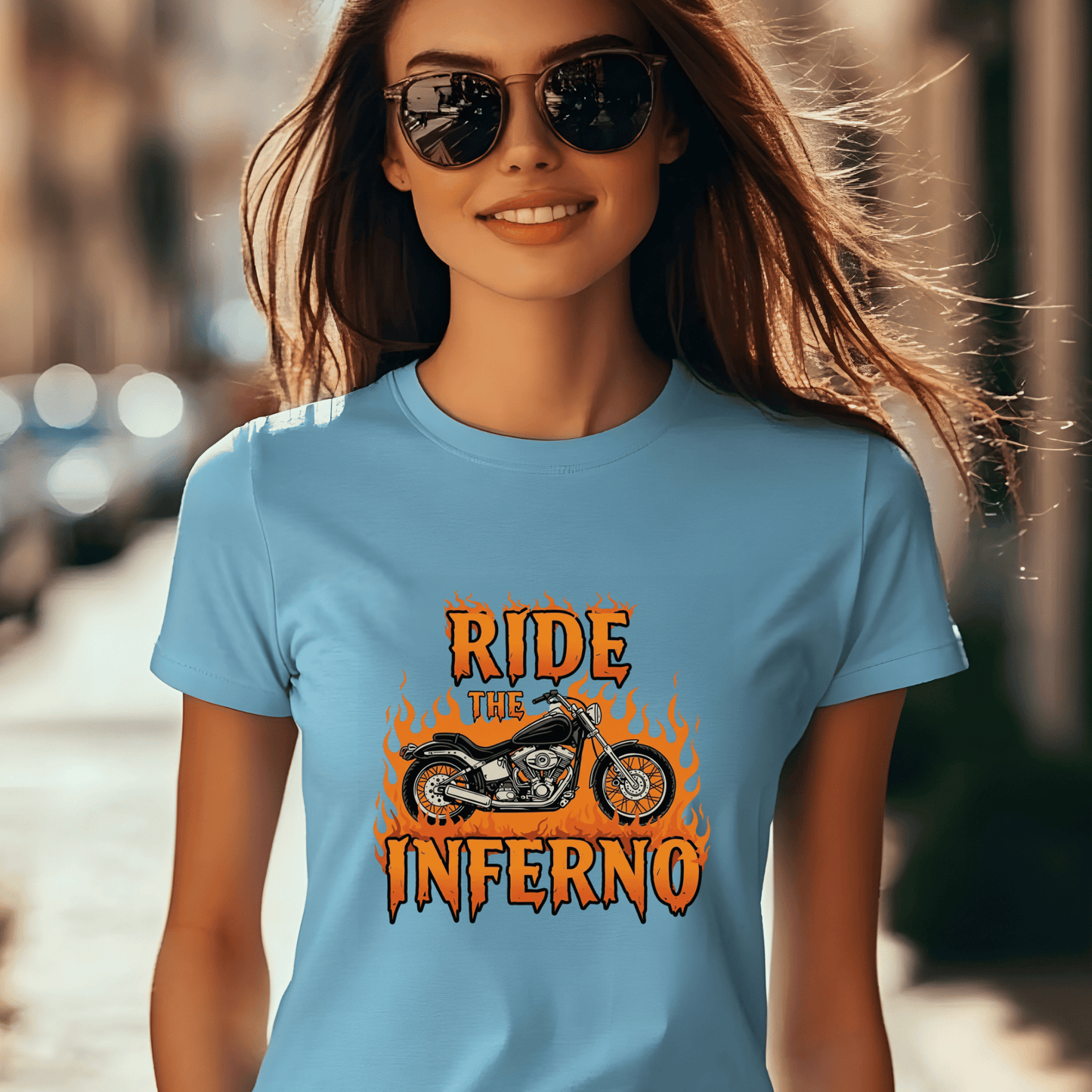 Ride the Inferno Women’s Biker T-Shirt – Heavyweight Gildan® 5000 Crewneck