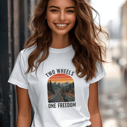 Two Wheels, One Freedom Women’s Biker T-Shirt – Heavyweight Gildan® 5000 Crewneck