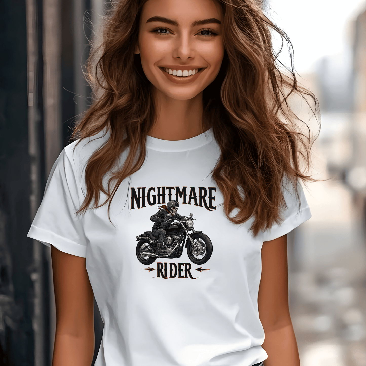 Nightmare Rider Women’s Biker T-Shirt – Heavyweight Gildan® 5000 Crewneck