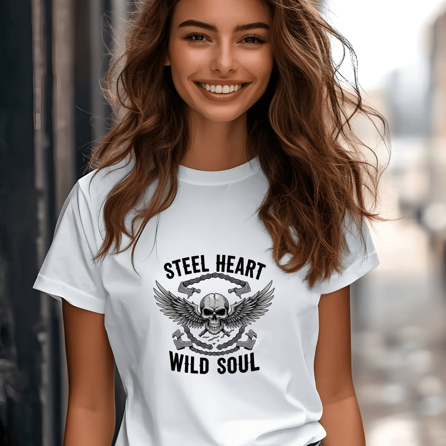 Steel Heart, Wild Soul Women’s Biker T-Shirt – Heavyweight Gildan® 5000 Crewneck