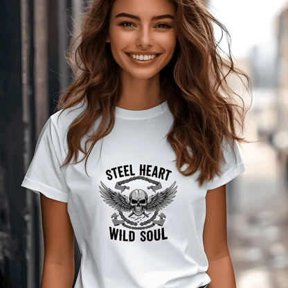 Steel Heart, Wild Soul Women’s Biker T-Shirt – Heavyweight Gildan® 5000 Crewneck