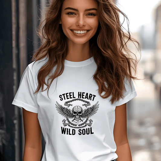 Steel Heart, Wild Soul Women’s Biker T-Shirt – Heavyweight Gildan® 5000 Crewneck