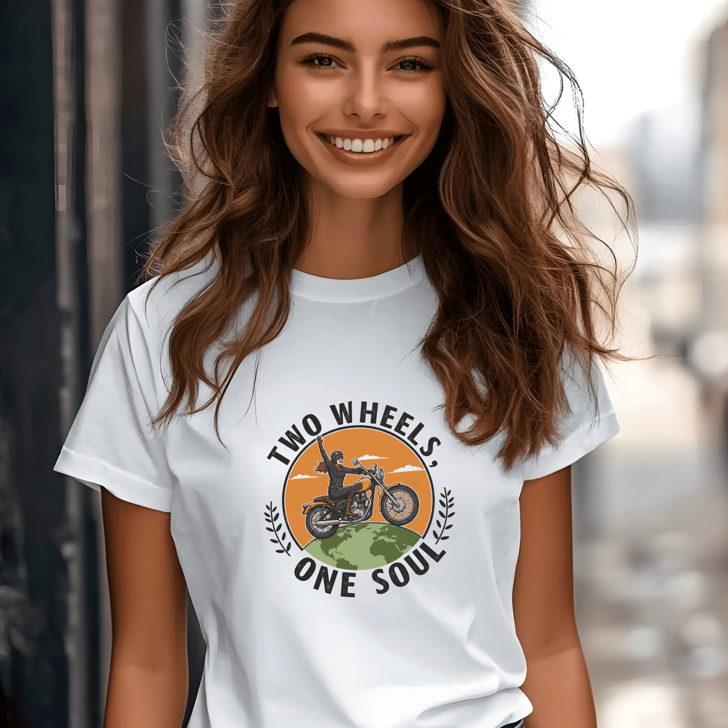 Two Wheels One Soul Women’s Biker T-Shirt – Heavyweight Gildan® 5000 Crewneck