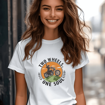 Two Wheels One Soul Women’s Biker T-Shirt – Heavyweight Gildan® 5000 Crewneck