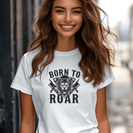 Born To Roar Women’s Biker T-Shirt – Heavyweight Gildan® 5000 Crewneck