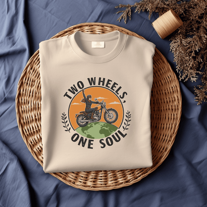 Two Wheels One Soul Women’s Biker T-Shirt – Heavyweight Gildan® 5000 Crewneck