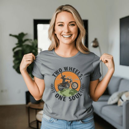Two Wheels One Soul Women’s Biker T-Shirt – Heavyweight Gildan® 5000 Crewneck