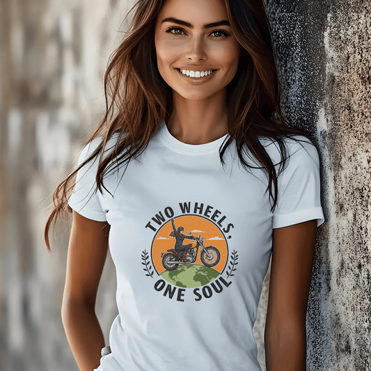 Two Wheels One Soul Women’s Biker T-Shirt – Heavyweight Gildan® 5000 Crewneck