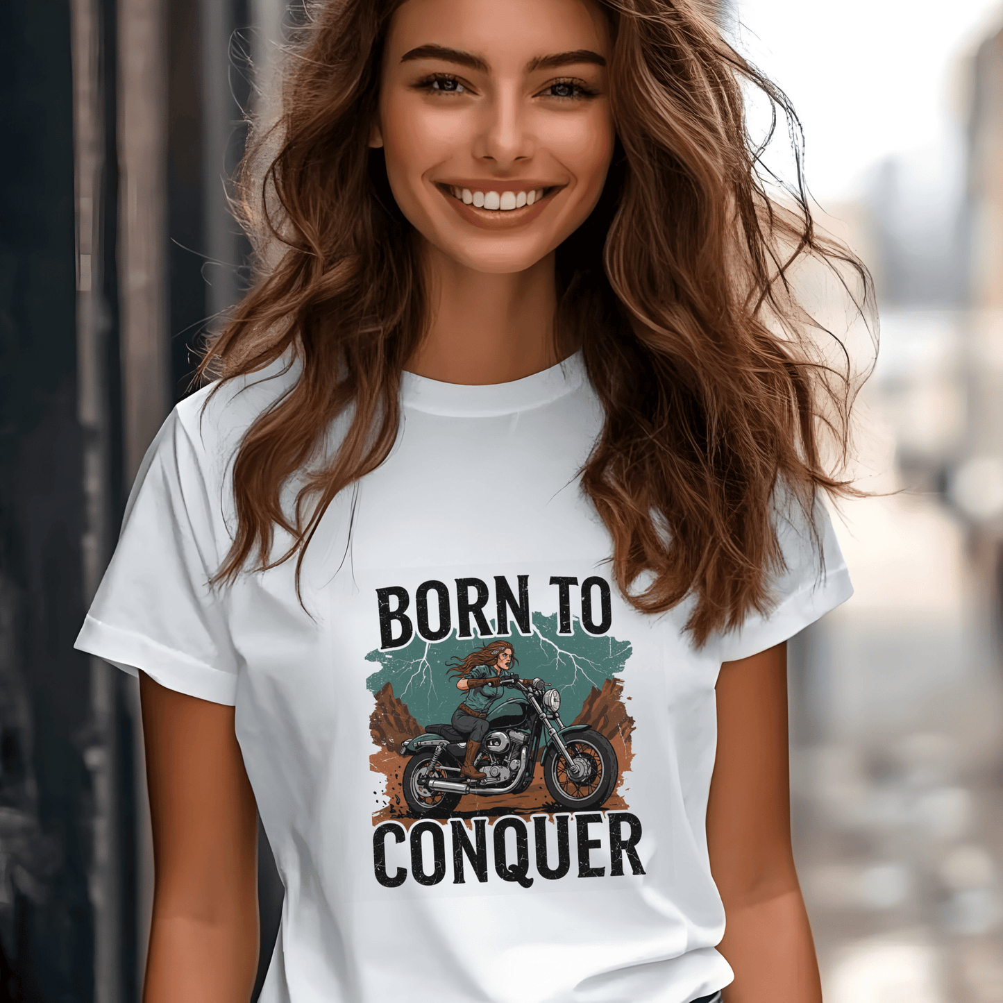 Born to Conquer Women’s Biker T-Shirt – Heavyweight Gildan® 5000 Crewneck