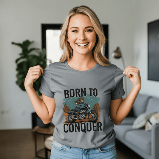 Born to Conquer Women’s Biker T-Shirt – Heavyweight Gildan® 5000 Crewneck