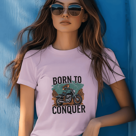 Born to Conquer Women’s Biker T-Shirt – Heavyweight Gildan® 5000 Crewneck