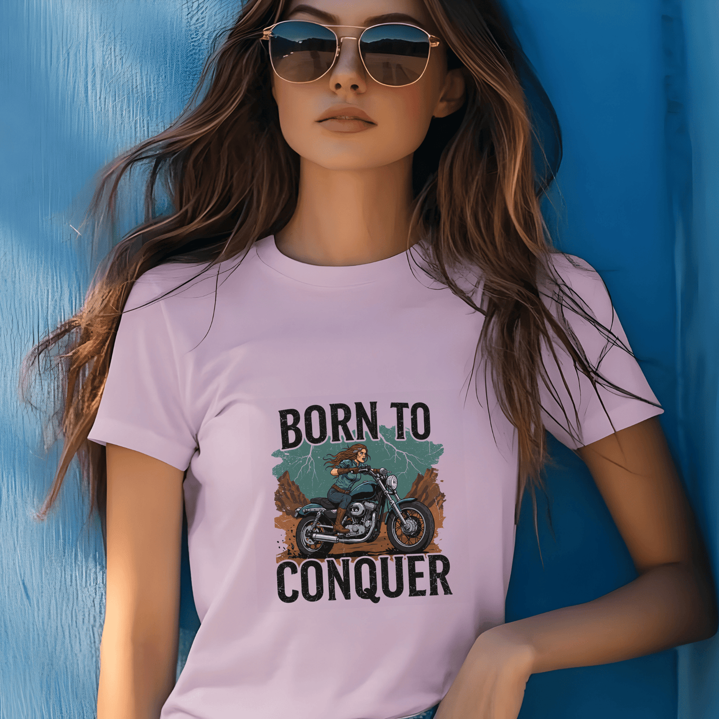 Born to Conquer Women’s Biker T-Shirt – Heavyweight Gildan® 5000 Crewneck