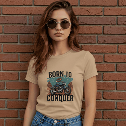 Born to Conquer Women’s Biker T-Shirt – Heavyweight Gildan® 5000 Crewneck
