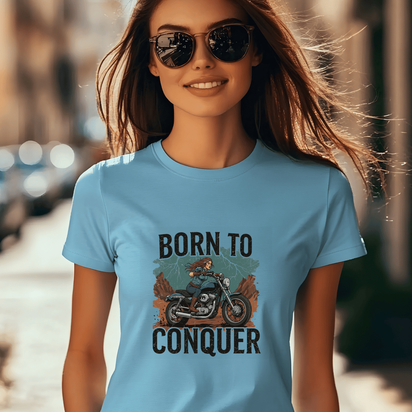 Born to Conquer Women’s Biker T-Shirt – Heavyweight Gildan® 5000 Crewneck