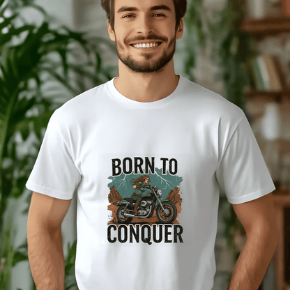 Born to Conquer Women’s Biker T-Shirt – Heavyweight Gildan® 5000 Crewneck