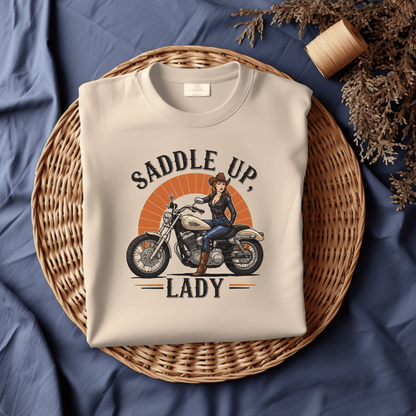 Saddle Up, Lady Women’s Biker T-Shirt – Heavyweight Gildan® 5000 Crewneck