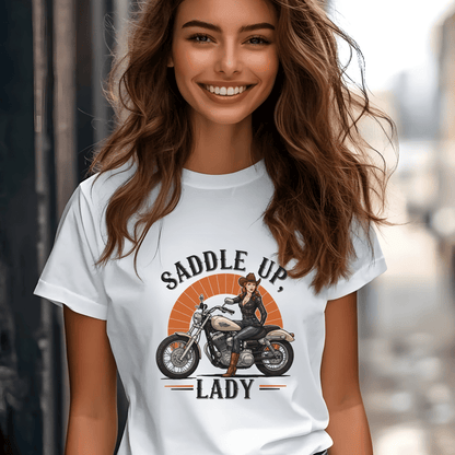 Saddle Up, Lady Women’s Biker T-Shirt – Heavyweight Gildan® 5000 Crewneck