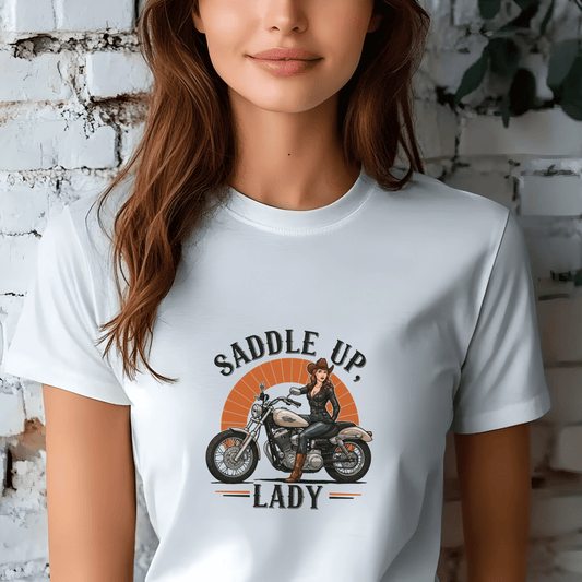 Saddle Up, Lady Women’s Biker T-Shirt – Heavyweight Gildan® 5000 Crewneck