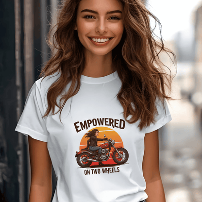 Empowered on Two Wheels Women’s Biker T-Shirt – Heavyweight Gildan® 5000 Crewneck