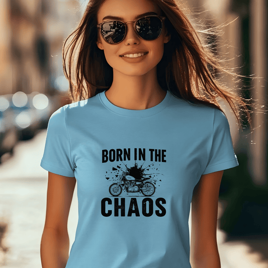 Born in the Chaos Women’s Biker T-Shirt – Heavyweight Gildan® 5000 Crewneck