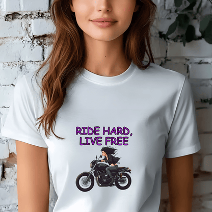 Ride Hard, Live Free Women’s Biker T-Shirt – Heavyweight Gildan® 5000 Crewneck