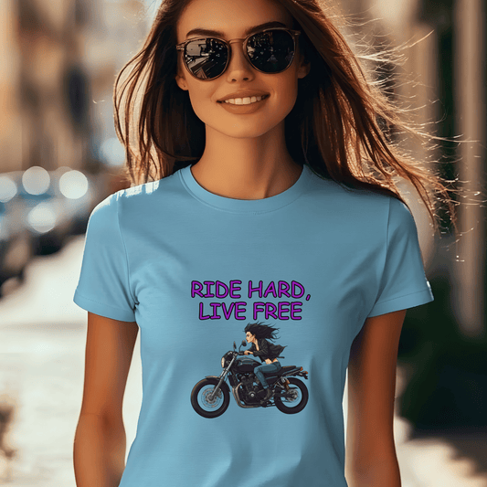 Ride Hard, Live Free Women’s Biker T-Shirt – Heavyweight Gildan® 5000 Crewneck