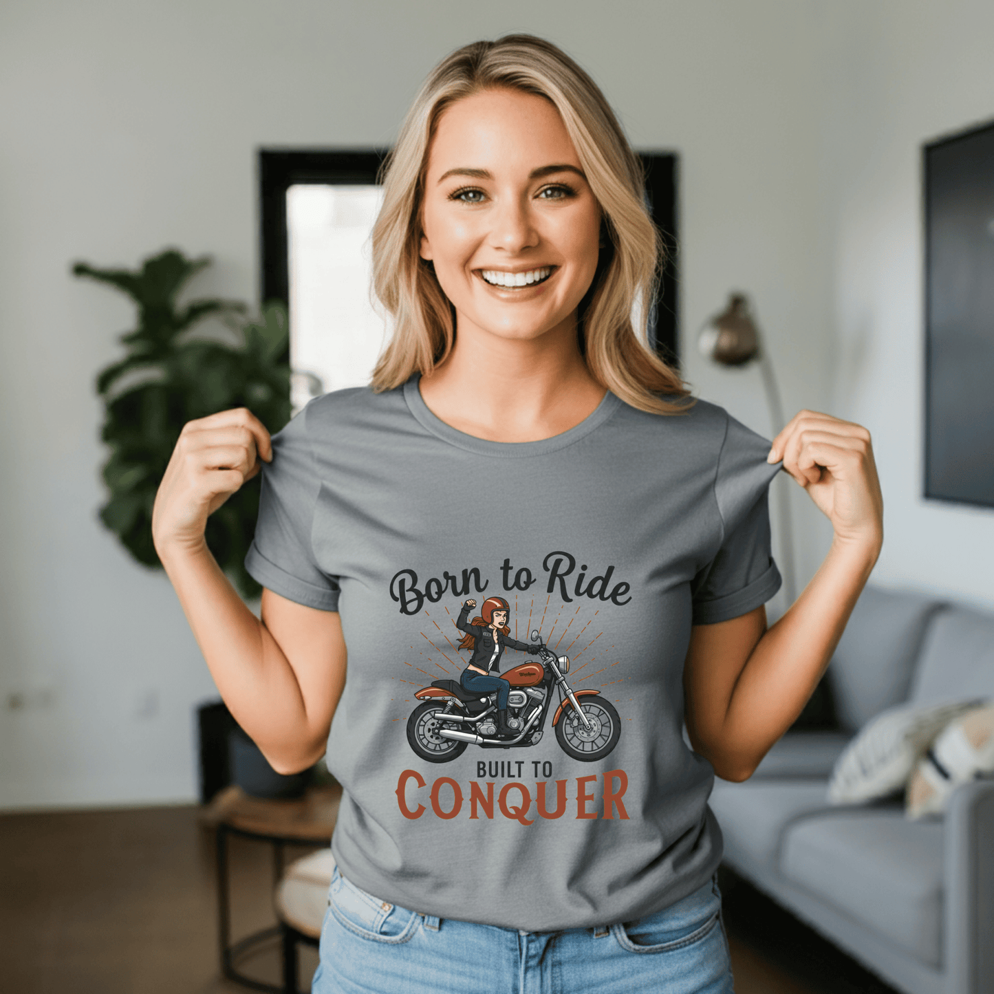 Born to Ride, Built to Conquer Women’s Biker T-Shirt – Heavyweight Gildan® 5000 Crewneck