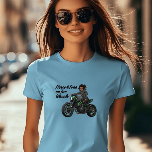 Fierce and Free on Two Wheels Women’s Biker T-Shirt – Heavyweight Gildan® 5000 Crewneck