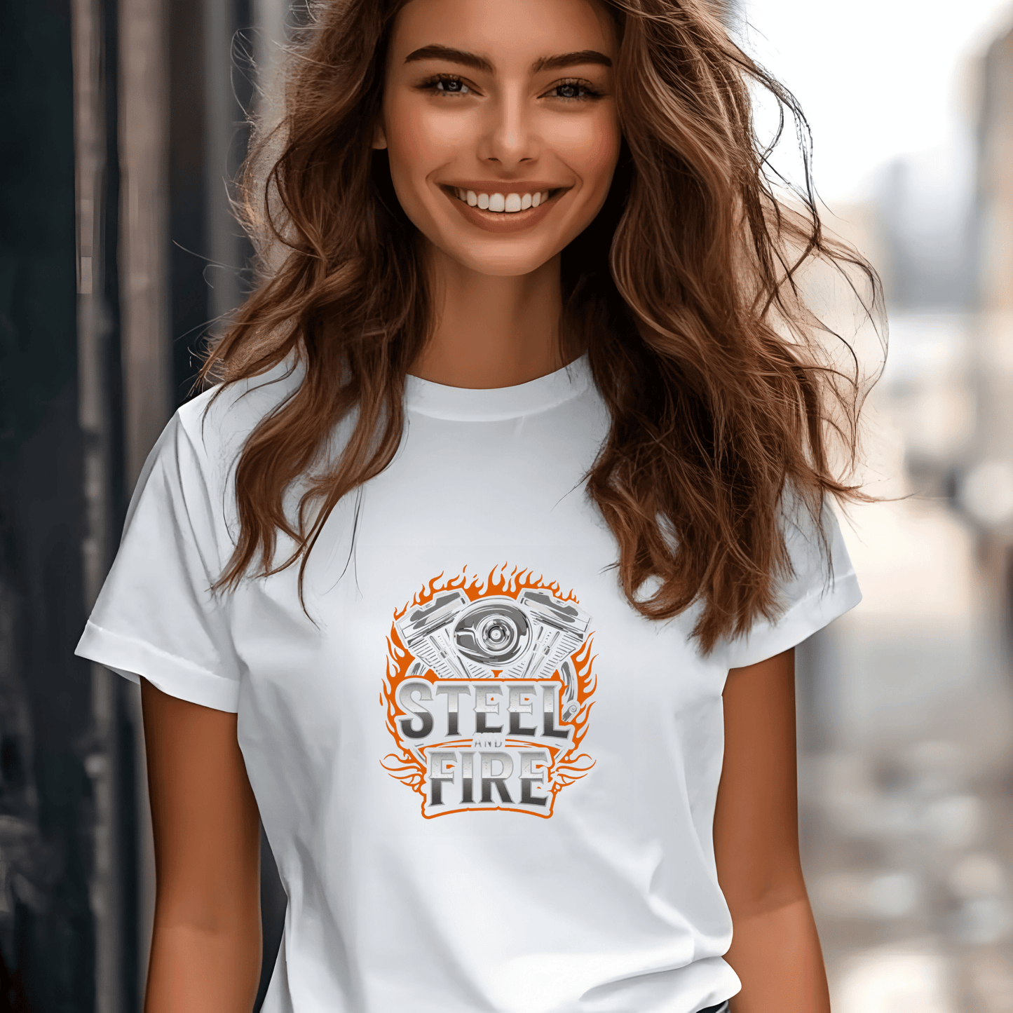 Steel Fire Women’s Biker T-Shirt – Heavyweight Gildan® 5000 Crewneck
