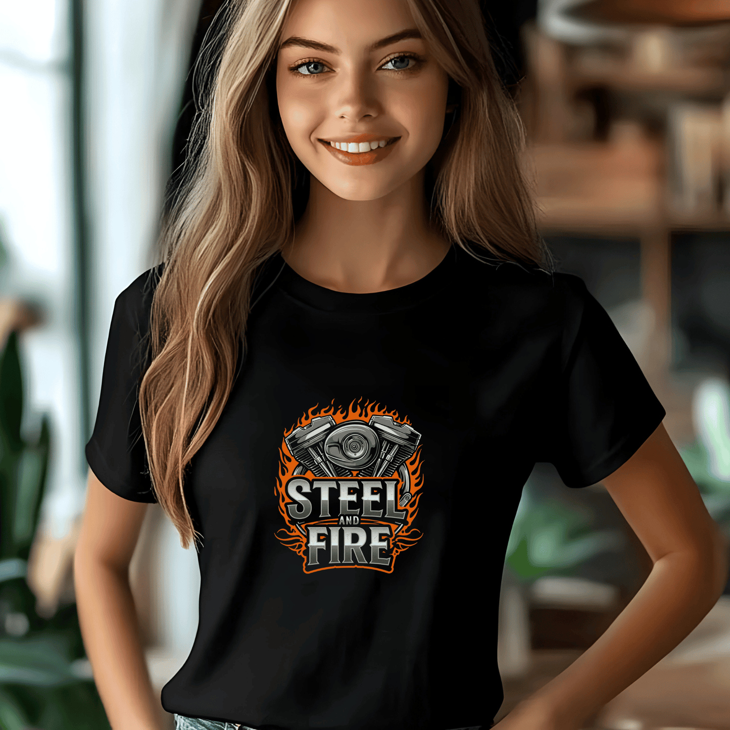 Steel Fire Women’s Biker T-Shirt – Heavyweight Gildan® 5000 Crewneck