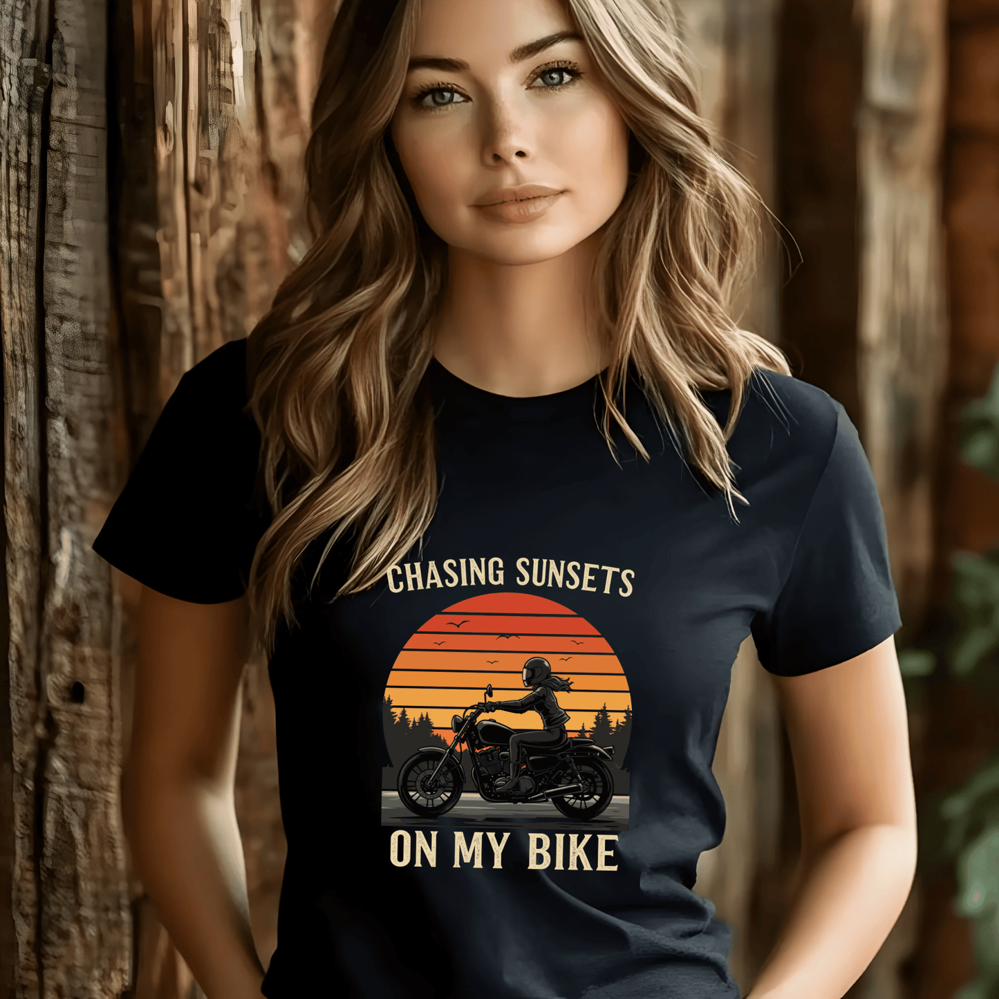 Chasing Sunsets On My Bike Women’s Biker T-Shirt – Heavyweight Gildan® 5000