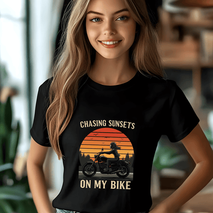 Chasing Sunsets On My Bike Women’s Biker T-Shirt – Heavyweight Gildan® 5000