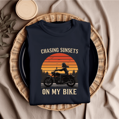 Chasing Sunsets On My Bike Women’s Biker T-Shirt – Heavyweight Gildan® 5000
